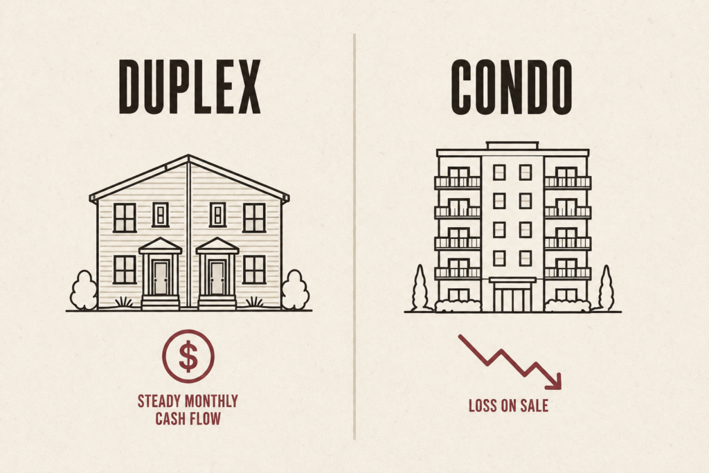 Side-by-side comparison of a duplex generating steady cash flow and a condo that resulted in a loss on sale.