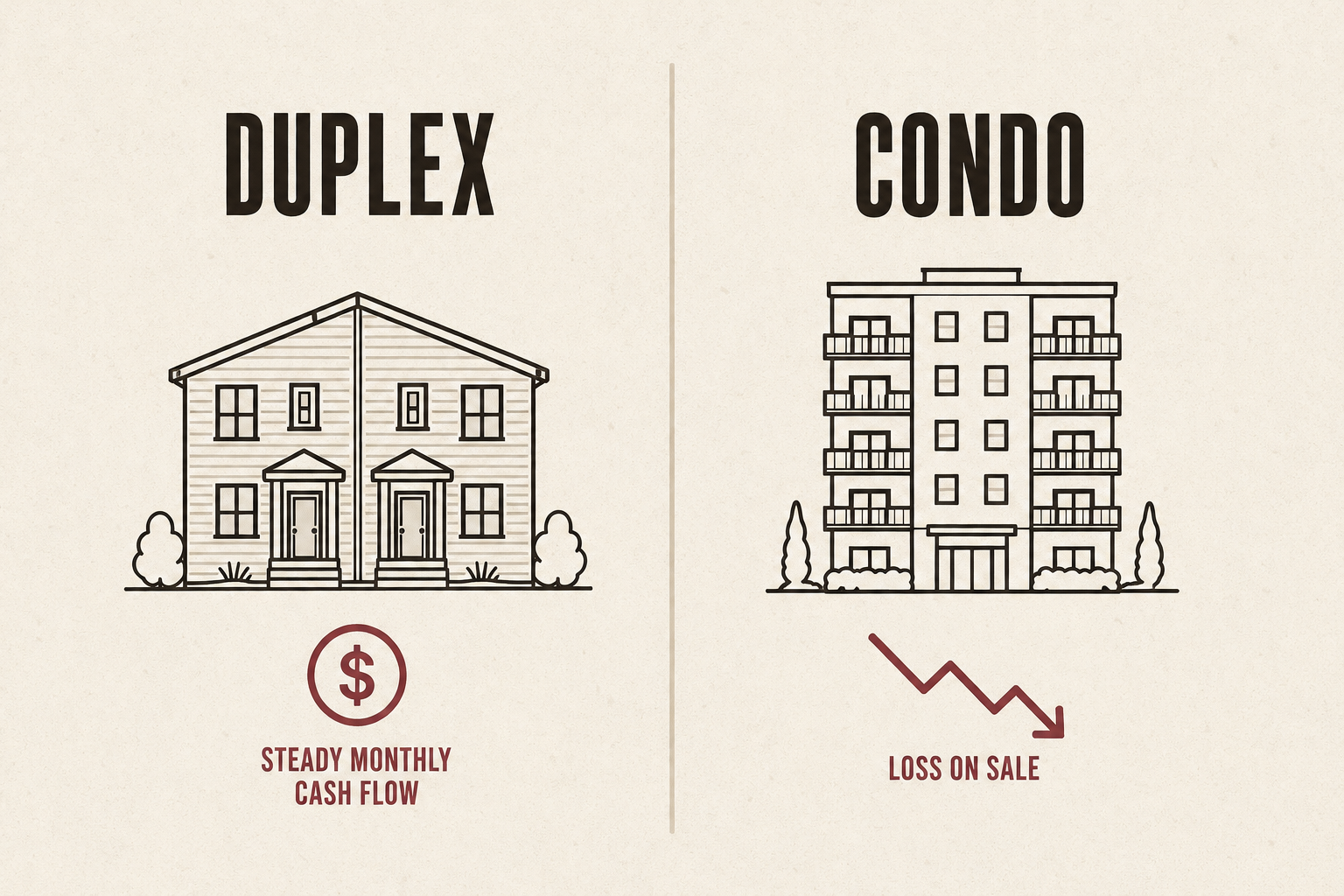 Side-by-side comparison of a duplex generating steady cash flow and a condo that resulted in a loss on sale.
