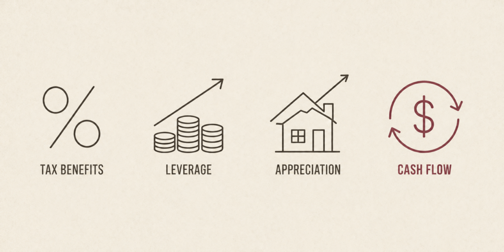 Diagram showing the four ways real estate builds wealth: tax benefits, leverage, appreciation, and cash flow, with cash flow highlighted.