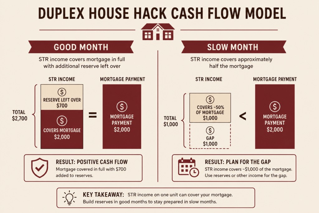 Duplex house hack cash flow model showing good month vs slow month STR income against mortgage payment