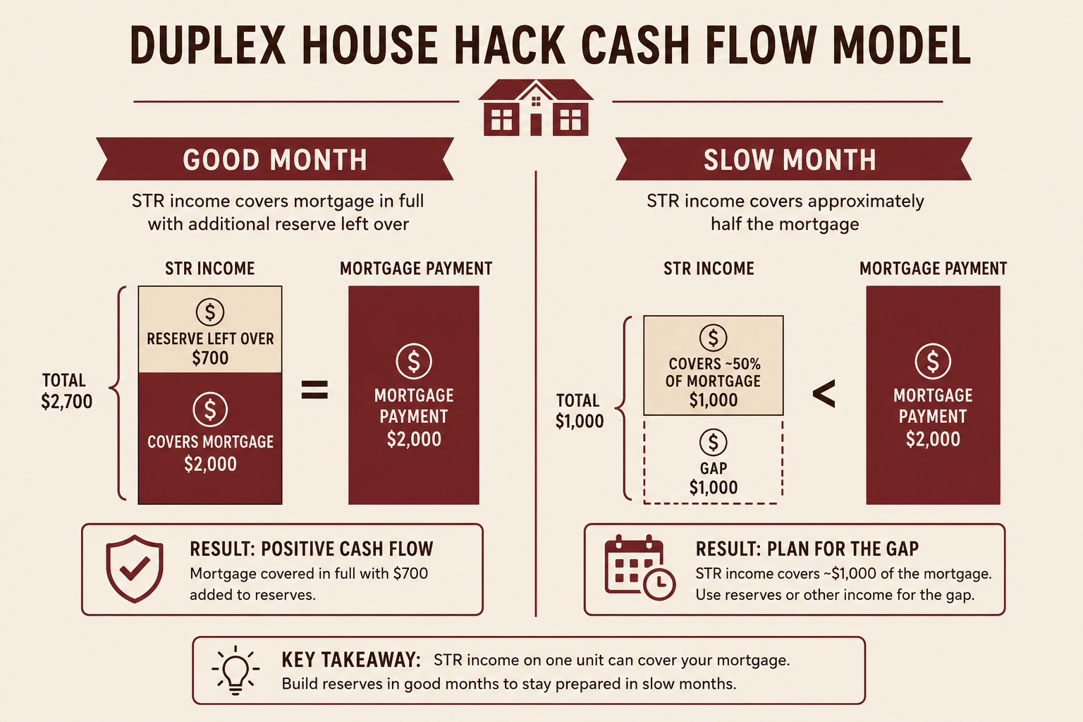 Duplex house hack cash flow model showing good month vs slow month STR income against mortgage payment