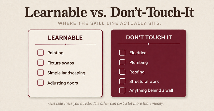 Two-column list comparing learnable home projects like painting to don't-touch-it projects like electrical and plumbing