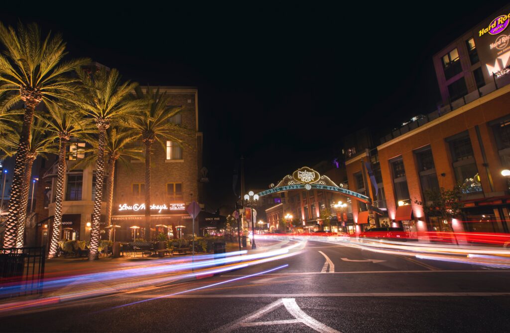 The historic Gaslamp Quarter sign lit up at night in downtown San Diego, the neighborhood where the condo in this story was located