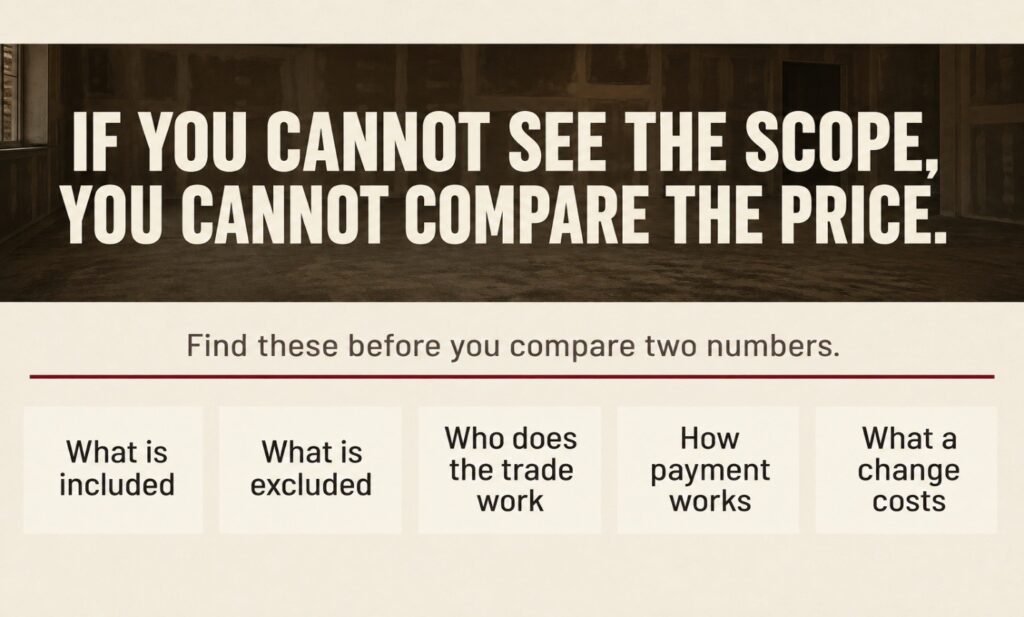 Five cards listing what to find in a contractor's bid before comparing prices: what is included, what is excluded, who does the trade work, how payment works, and what a change costs.