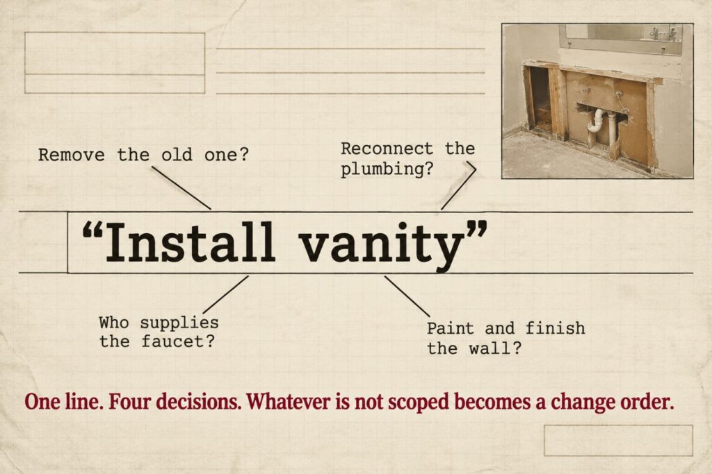 The bid line "Install vanity" with four callouts asking what it leaves unanswered: remove the old one, reconnect the plumbing, who supplies the faucet, and paint and finish the wall. An inset photo shows a demolished vanity area with exposed plumbing stub-outs.